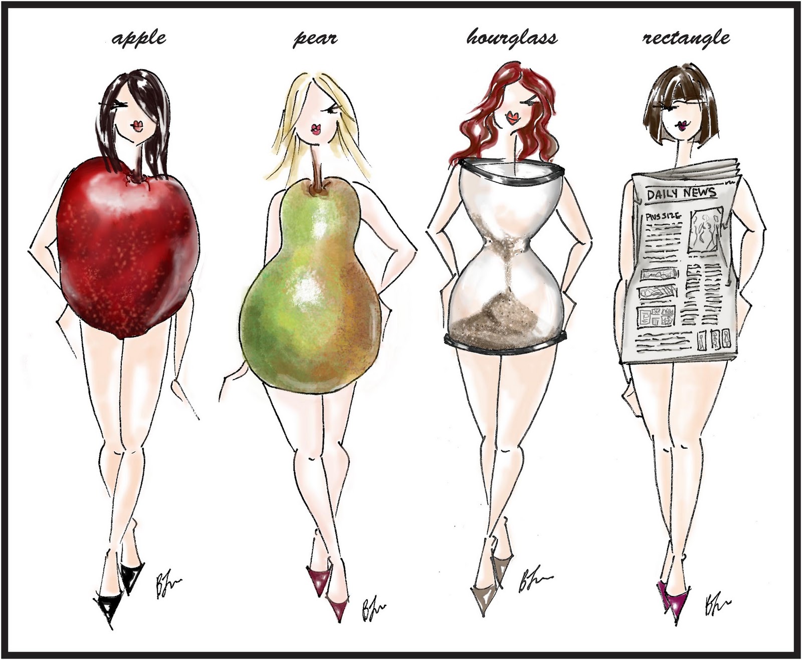 Illustration of four women each of a different body shape, apple, pear, hourglass and rectangle.